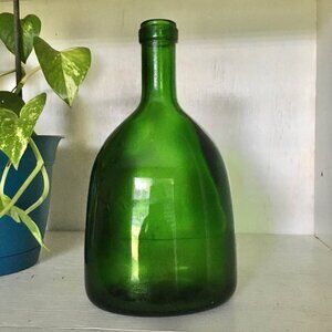 Vintage Green Glass Bottle Bocksbeutel Shape Display Bud Vase Wine Bottle